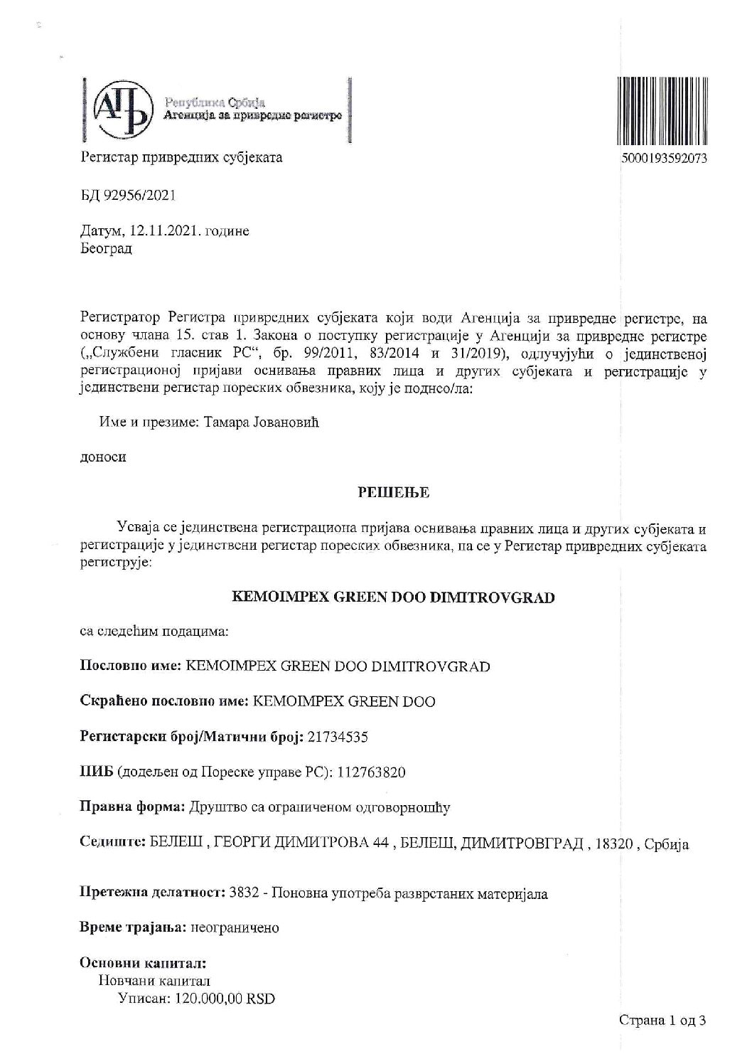 Rešenje o registraciji Kemoimpex Green